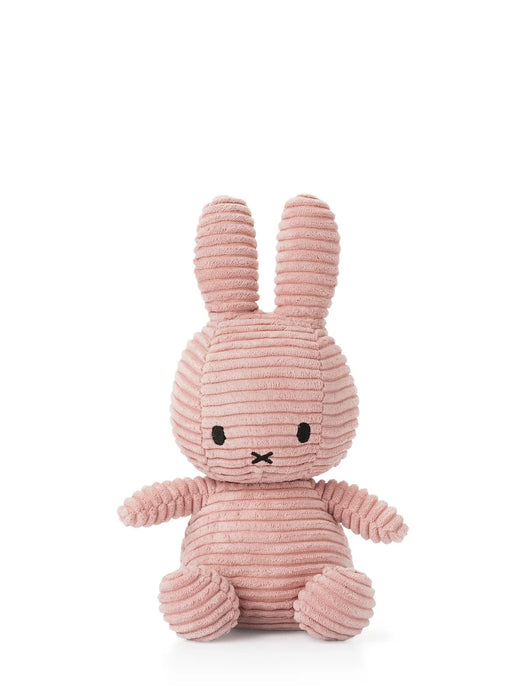 A pink, striped stuffed bunny toy is sitting on a white background.