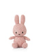A pink, striped stuffed bunny toy is sitting on a white background.