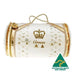 A white and gold crown-shaped pillow case with the word "Crown" printed on it.