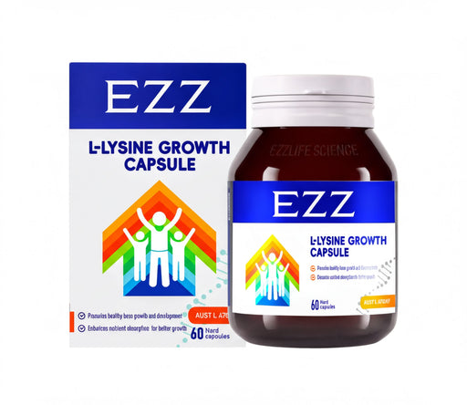 a bottle of EZZ L-lysine growth capsule and its packaging, which is blue and white.