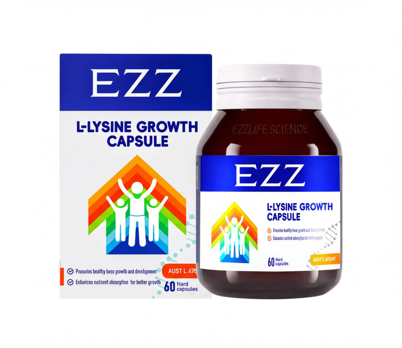 a bottle of EZZ L-lysine growth capsule and its packaging, which is blue and white.