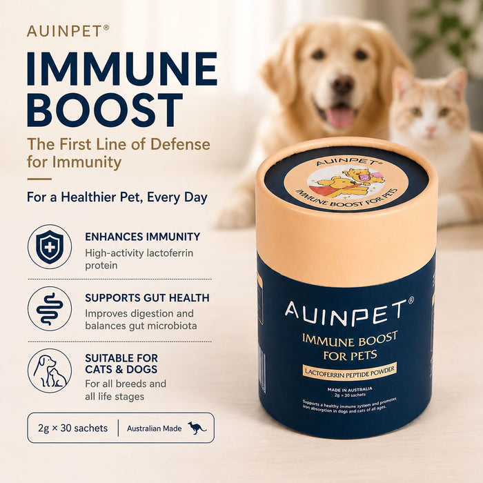 a product called "Auinpet® Immune Boost" for pets, including a dog and a cat. The product is described as the first line of defense for immunity, suitable for all breeds and life stages, and Australian-made. The packaging is a cylindrical container with a label that includes information about the product's benefits and usage.