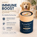 a product called "Auinpet® Immune Boost" for pets, including a dog and a cat. The product is described as the first line of defense for immunity, suitable for all breeds and life stages, and Australian-made. The packaging is a cylindrical container with a label that includes information about the product's benefits and usage.