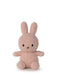 A pink, furry stuffed bunny toy is sitting on a white background.