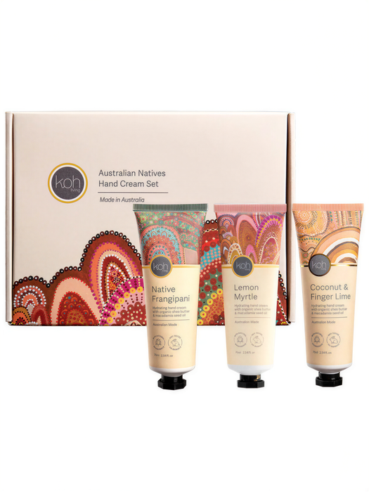 A set of three hand cream tubes with different scents, including native Frangipani, Lemon, and Coconut & Finger Lime, presented in a box labeled "Australian Natives Hand Cream Set".
