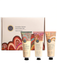 A set of three hand cream tubes with different scents, including native Frangipani, Lemon, and Coconut & Finger Lime, presented in a box labeled "Australian Natives Hand Cream Set".
