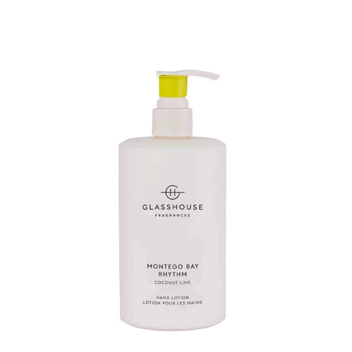 A white pump bottle with a yellow cap, containing a hand lotion product labeled "MONTEGO BAY Rythm" and "COCONUT LIME".