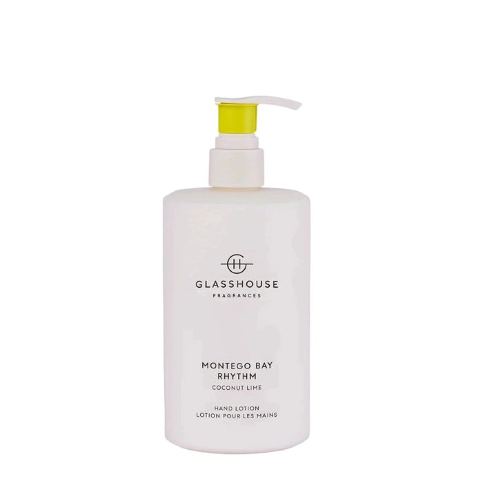 A white pump bottle with a yellow cap, containing a hand lotion product labeled "MONTEGO BAY Rythm" and "COCONUT LIME".