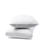 two white pillows stacked on top of each other against a white background.