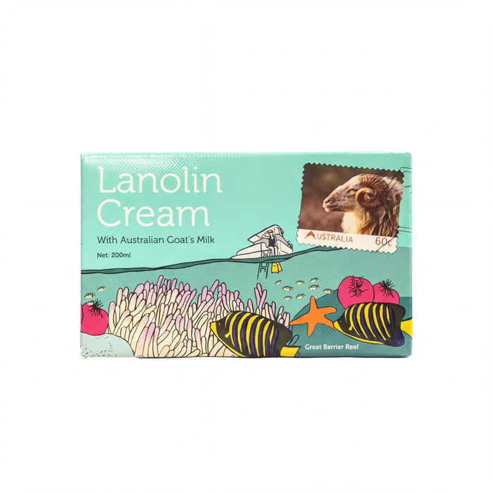 The image is a product packaging for Lanolin Cream with Australian Goat's Milk. It features a colorful illustration of a goat, fish, and coral, along with the product name and a stamp indicating it is from Australia.