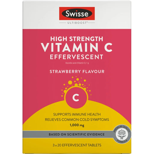 The image is a product packaging for Swiss Health's High Strength Vitamin C Effervescent, specifically the Strawberry Flavor C vitamin C effervescent.
