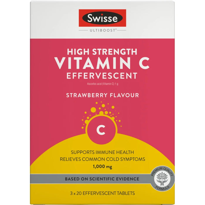 The image is a product packaging for Swiss Health's High Strength Vitamin C Effervescent, specifically the Strawberry Flavor C vitamin C effervescent.