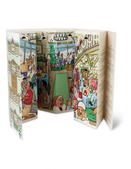 The image is a colorful advent calendar featuring various scenes and illustrations of people, including a Christmas tree, a snowy landscape, and a bustling city scene.