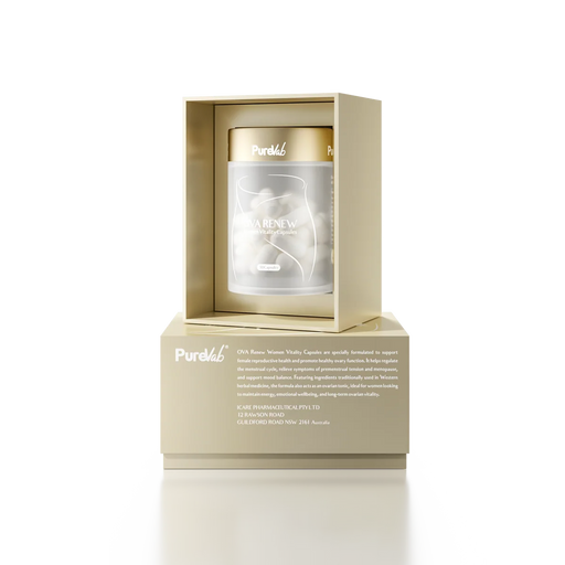 a product packaging for a vitamin supplement called "Vita Renew". The product is placed in a white box with a gold lid, and there is a text box below the product that provides information about the product.