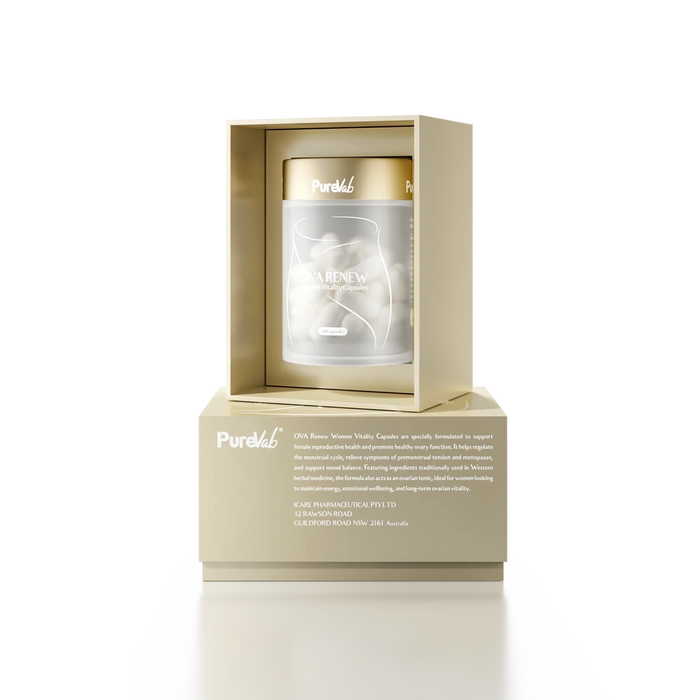 a product packaging for a vitamin supplement called "Vita Renew". The product is placed in a white box with a gold lid, and there is a text box below the product that provides information about the product.