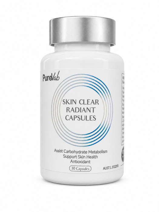 A bottle of PureLab Skin Clear Radiant Capsules, containing 30 capsules.