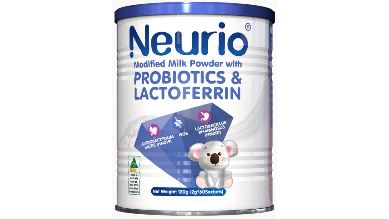 A can of modified milk powder with probiotics and lactoferrin, containing 120g (2.5sachets) of the product.