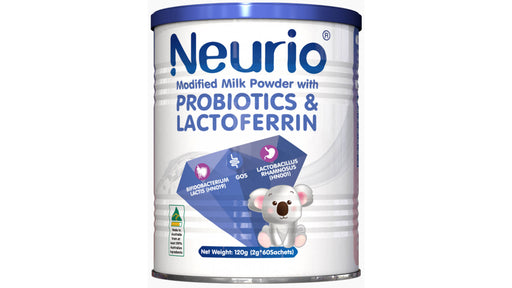 A can of modified milk powder with probiotics and lactoferrin, containing 120g (2.5sachets) of the product.