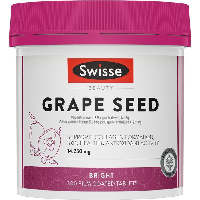 a bottle of Swissse Beauty Grape Seed supplement, which is a bright-colored pill.