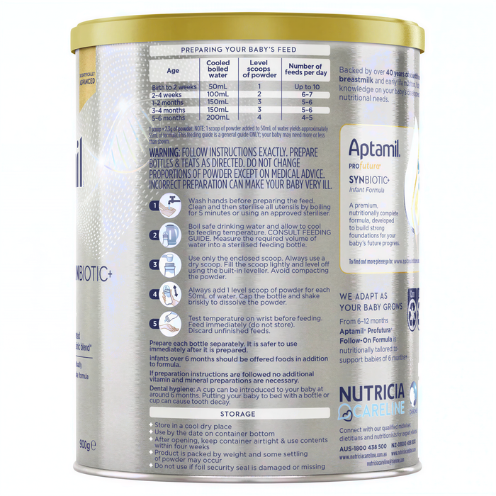 The image is a can of baby formula with nutritional information and instructions for preparing the baby's feed.