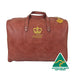 A brown leather duffel bag with a gold crown logo and the text "Luxor Crowni" printed on it.