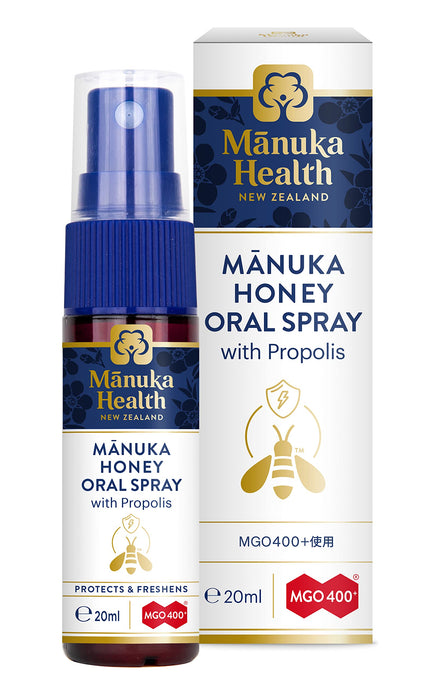 a bottle of Manuka Honey Oral Spray with Propolis and a box of the same product.