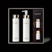 a set of three beauty products from the brand CEMOY, including a pump bottle, a pump bottle, and a small bottle, all of which are white and have gold accents.