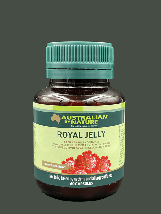 A bottle of Royal Jelly, a product from Australian by Nature, is shown against a dark background.