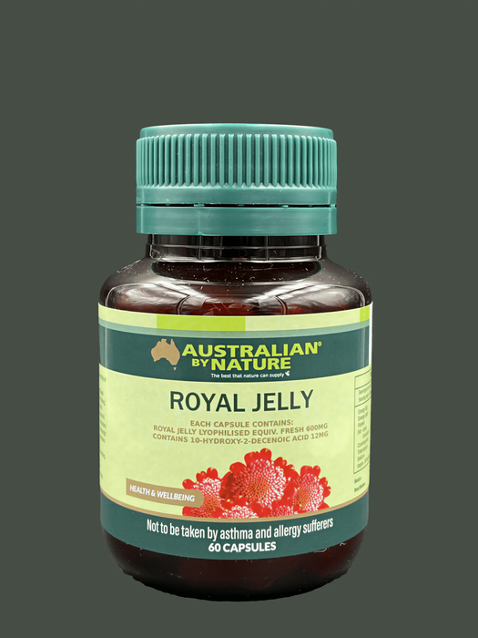 A bottle of Royal Jelly, a product from Australian by Nature, is shown against a dark background.