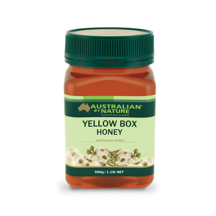 a jar of Australian Nature Yellow Box Honey, a product from Australian Honey.