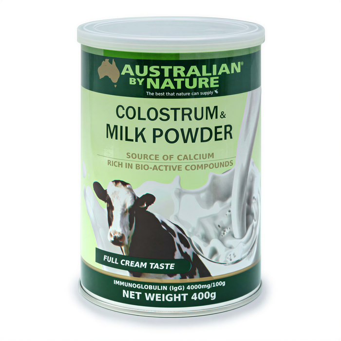 A can of Australian by Nature Colostrum & Milk Powder, containing 400g of the product.