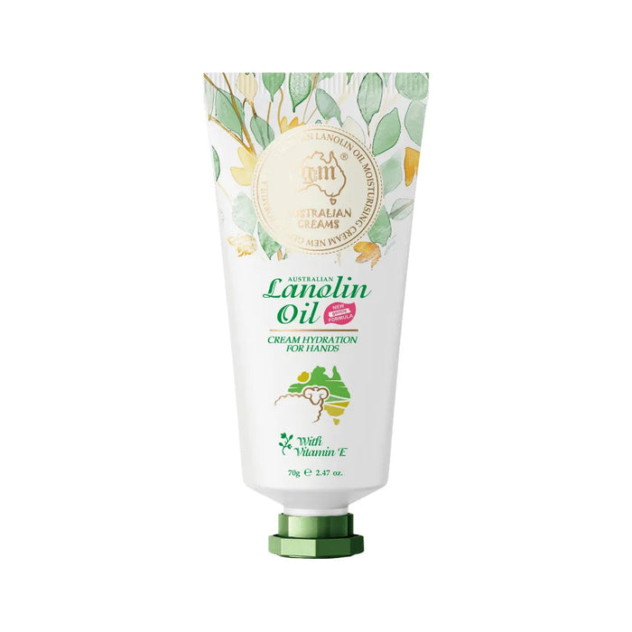 A tube of Australian Lanolin Oil cream for hands, with a green and white color scheme and a leafy design on the label.