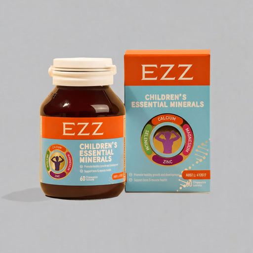 a bottle of Ezz Children's Essential Minerals and a box of Ezz Children's Essential Minerals, both containing 60 tablets.