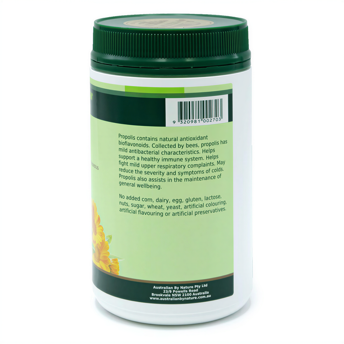 a bottle of Propolis, a natural anti-inflammatory and immune system booster.