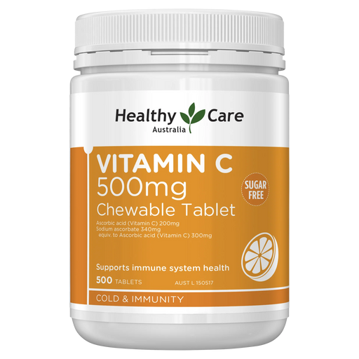 a bottle of Vitamin C chewable tablets from Healthy Care Australia.