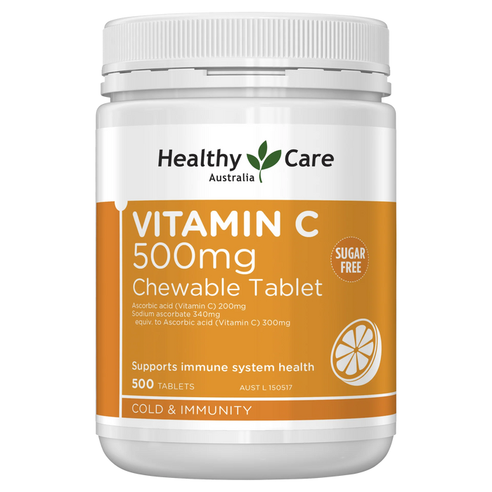 a bottle of Vitamin C chewable tablets from Healthy Care Australia.