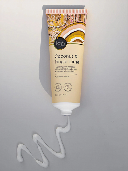 A tube of hand cream with a label that reads "Coconut & Finger Lime" and "Australian Made".