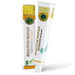 a tube of toothpaste and its packaging, both of which are white and yellow.