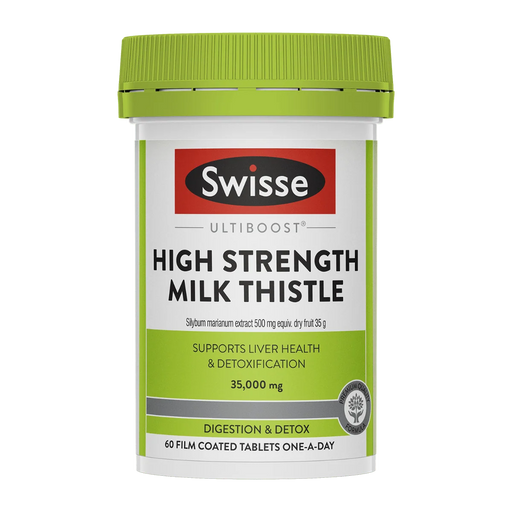 a bottle of Swissse ULTIBOOST High Strength Milk Thistle supplement.