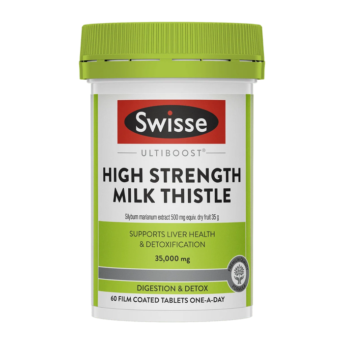 a bottle of Swissse ULTIBOOST High Strength Milk Thistle supplement.