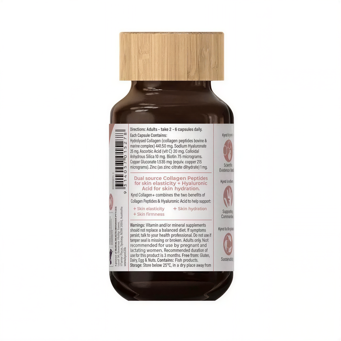 a bottle of collagen supplement with a wooden cap, containing collagen hydroxyfibrate (Hyaluronic Acid) and collagen (Collagen) in a brown glass bottle.