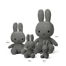 A group of three gray stuffed rabbits of different sizes, with the largest one being the tallest and the smallest being the shortest.