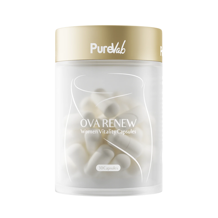 A transparent glass jar containing 30 capsules of OVA Renew capsules.