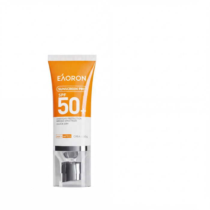 An orange tube of sunscreen with the text "Eaoron SUNSCREEN PRO 50+" printed on it.