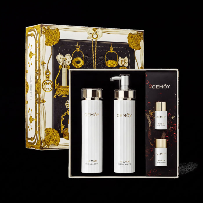 a set of three beauty products from the brand CEMOY, including a pump bottle, a pump bottle, and a spray bottle, all presented in a luxurious, gold-colored box.