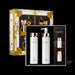 a set of three beauty products from the brand CEMOY, including a pump bottle, a pump bottle, and a spray bottle, all presented in a luxurious, gold-colored box.