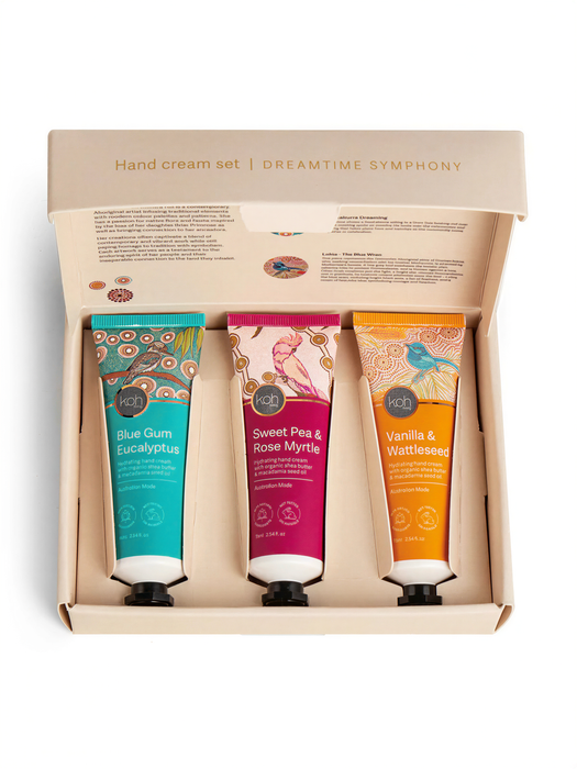 A hand cream set in a box, containing three different hand creams with distinct scents and colors.