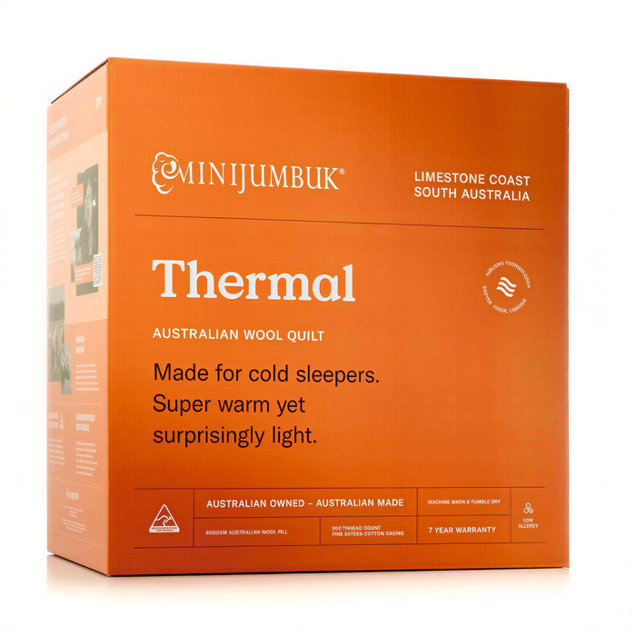 The image is a box containing a product called "Thermal" from the brand "MINJUMBUK". The box is orange and has text and logos on it.