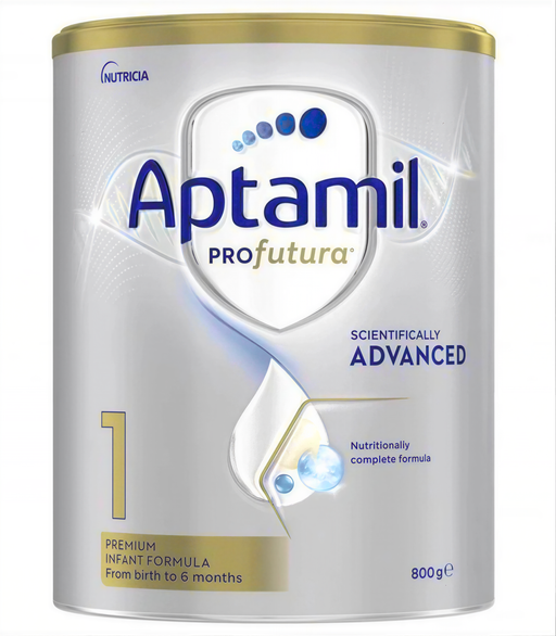 A can of Aptamil Pro Futura infant formula, which is a premium infant formula designed to be scientifically advanced.