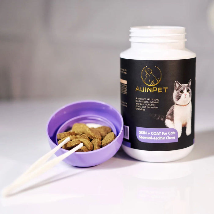 a bottle of cat food and a purple bowl filled with cat treats, placed on a white surface.